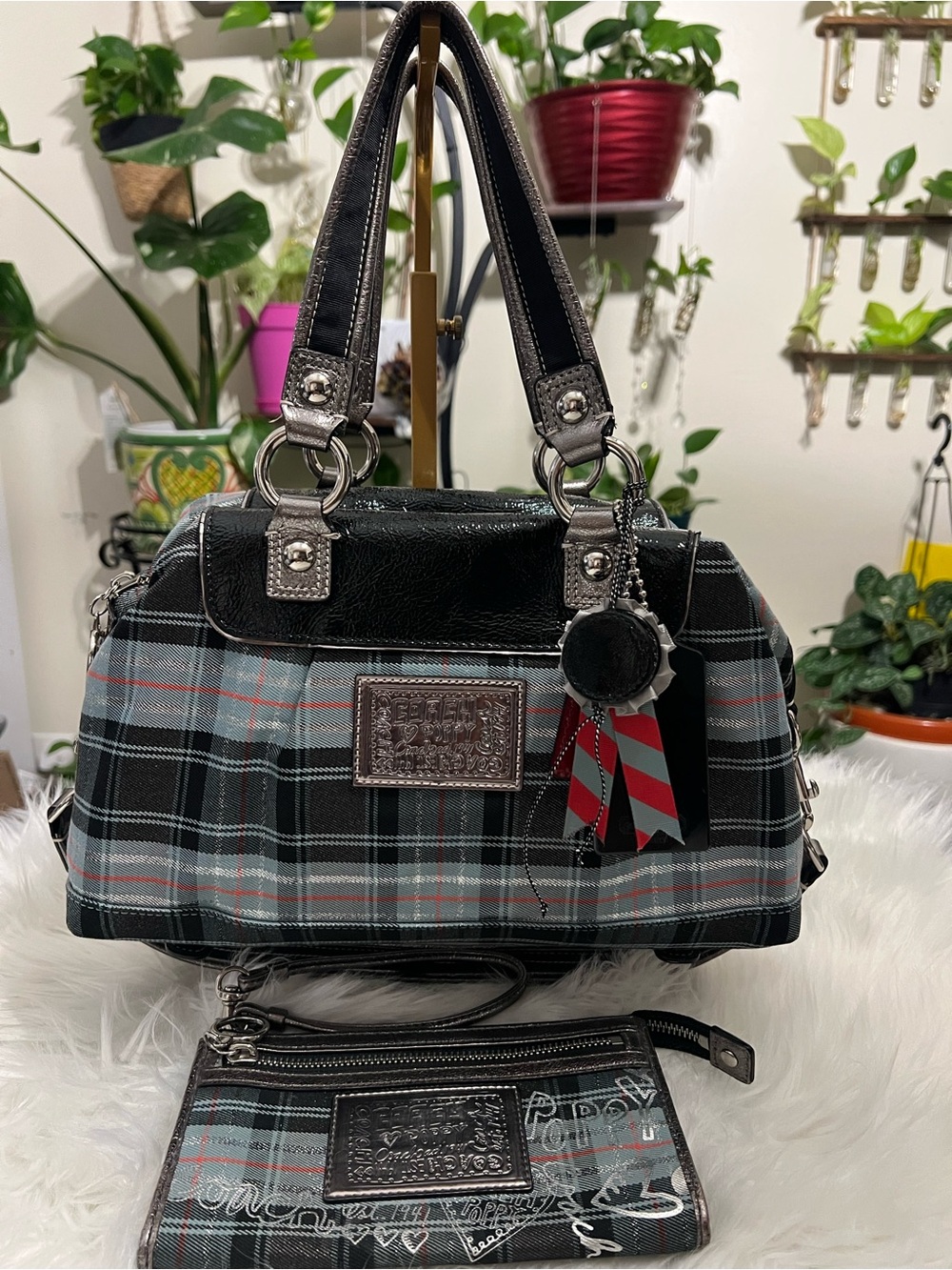 Coach Plaid Satchel in Black, Gray and Red Accent